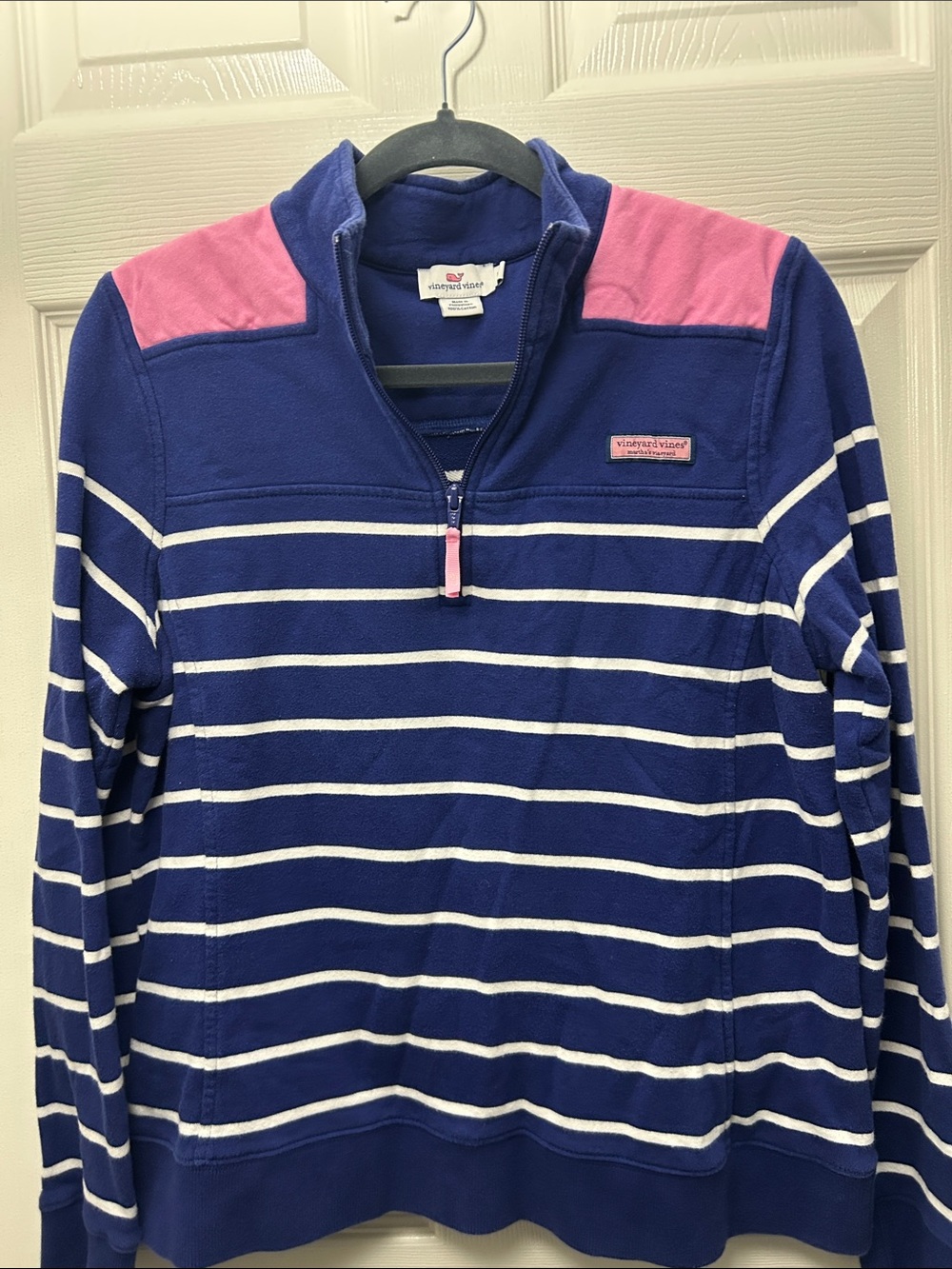 Vineyard Vines Navy, White & Pink Striped Quarter-Zip Pullover